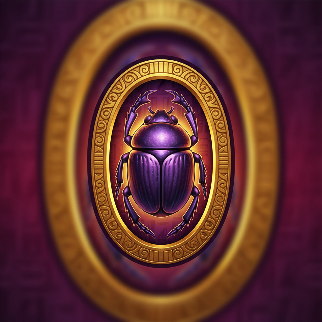 Skarabäus Symbol - lilafarbener Käfer in goldenem ovalem Rahmen